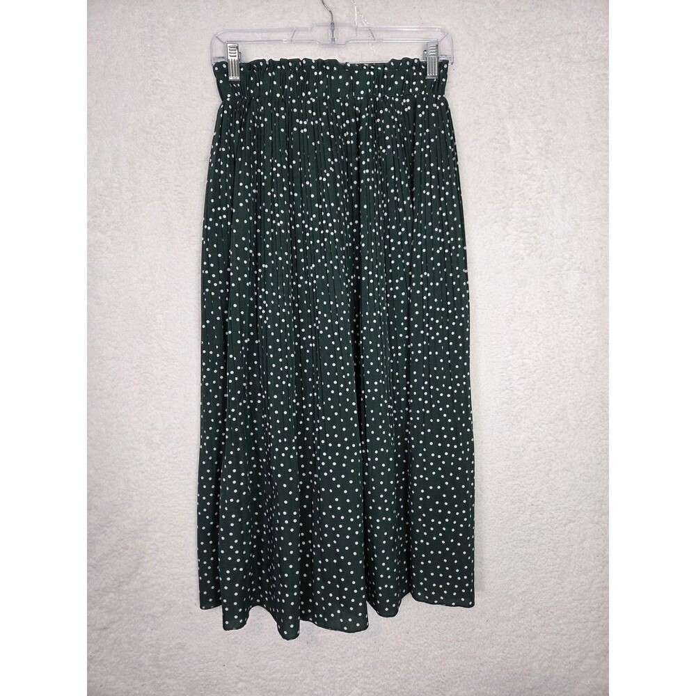 Womens Modest Polka Dot A-Line Skirt M Green White Pleated Elastic Waist Flowy‎